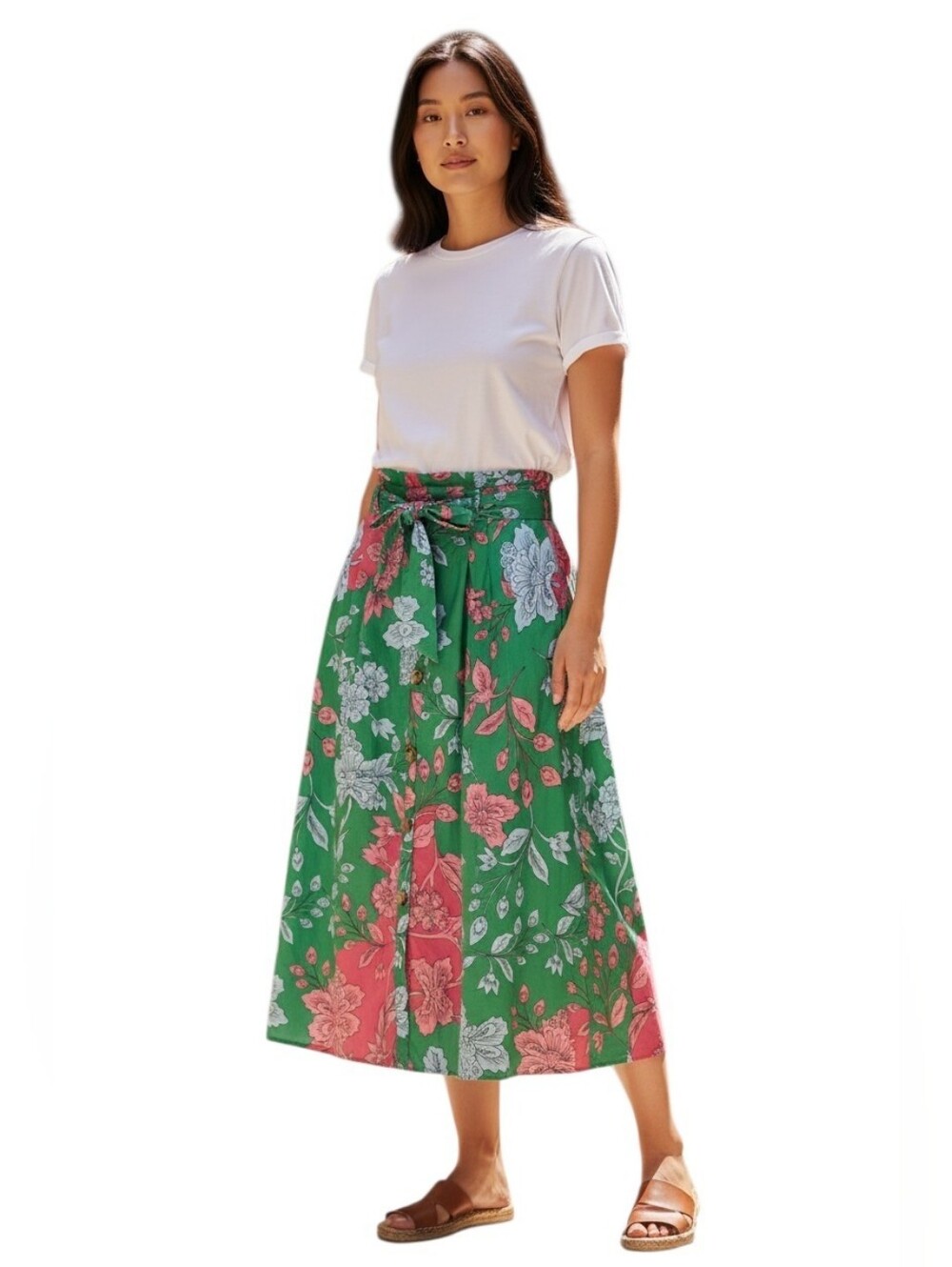 True Destiny Floral Tie-Waist Midi Skirt in Green